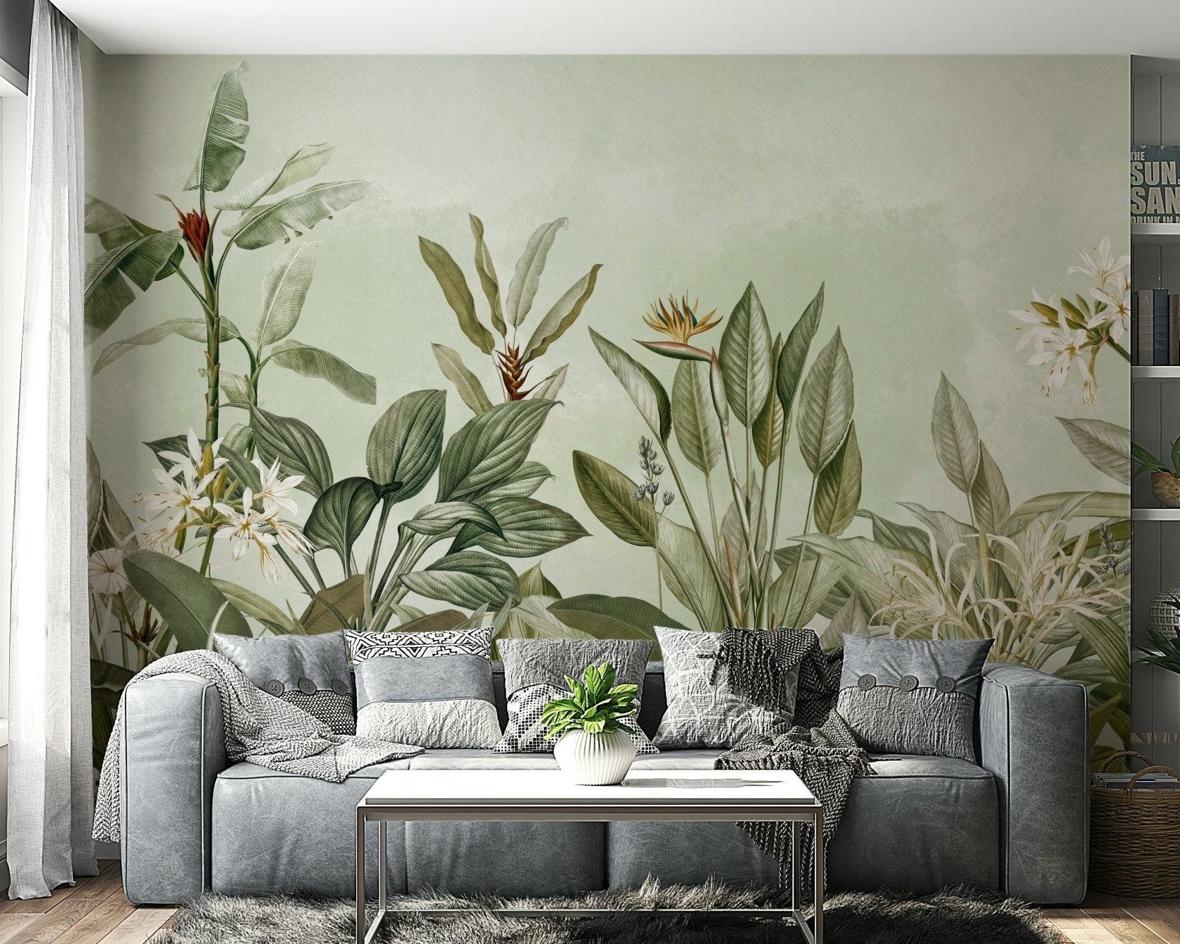 Botanical wallpaper feature wall in a modern living room
