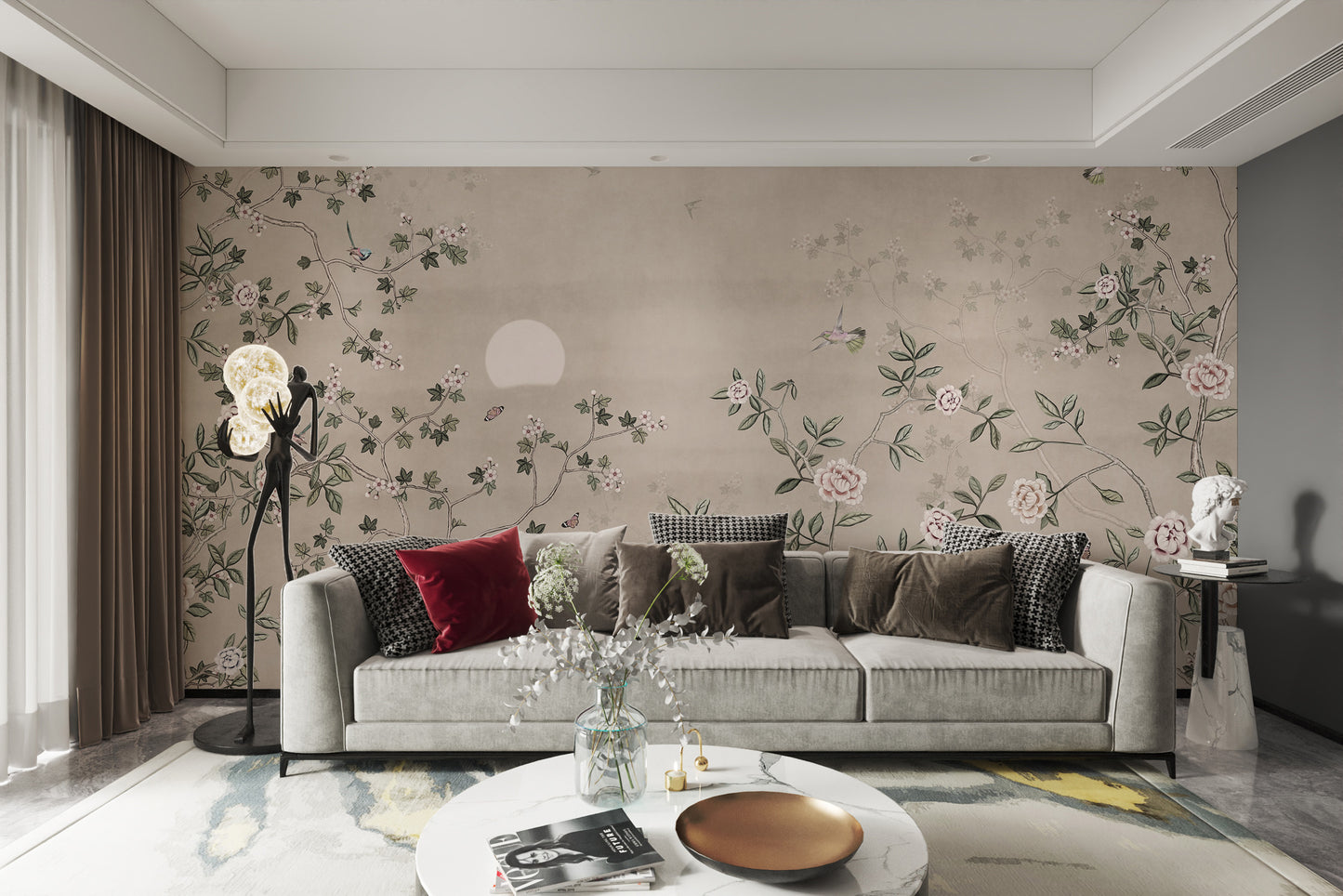 Chinoiserie-style wallpaper in an elegant bathroom interior