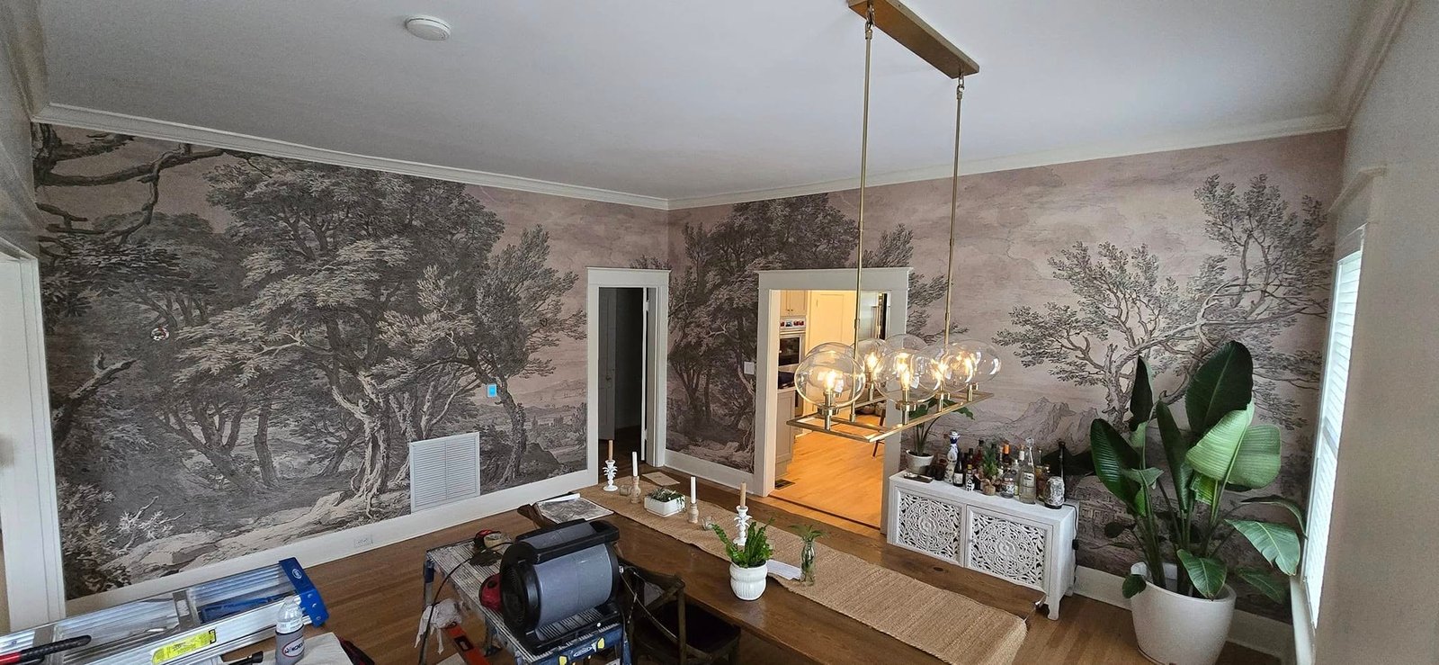 Finished interior with professionally installed patterned wallpaper