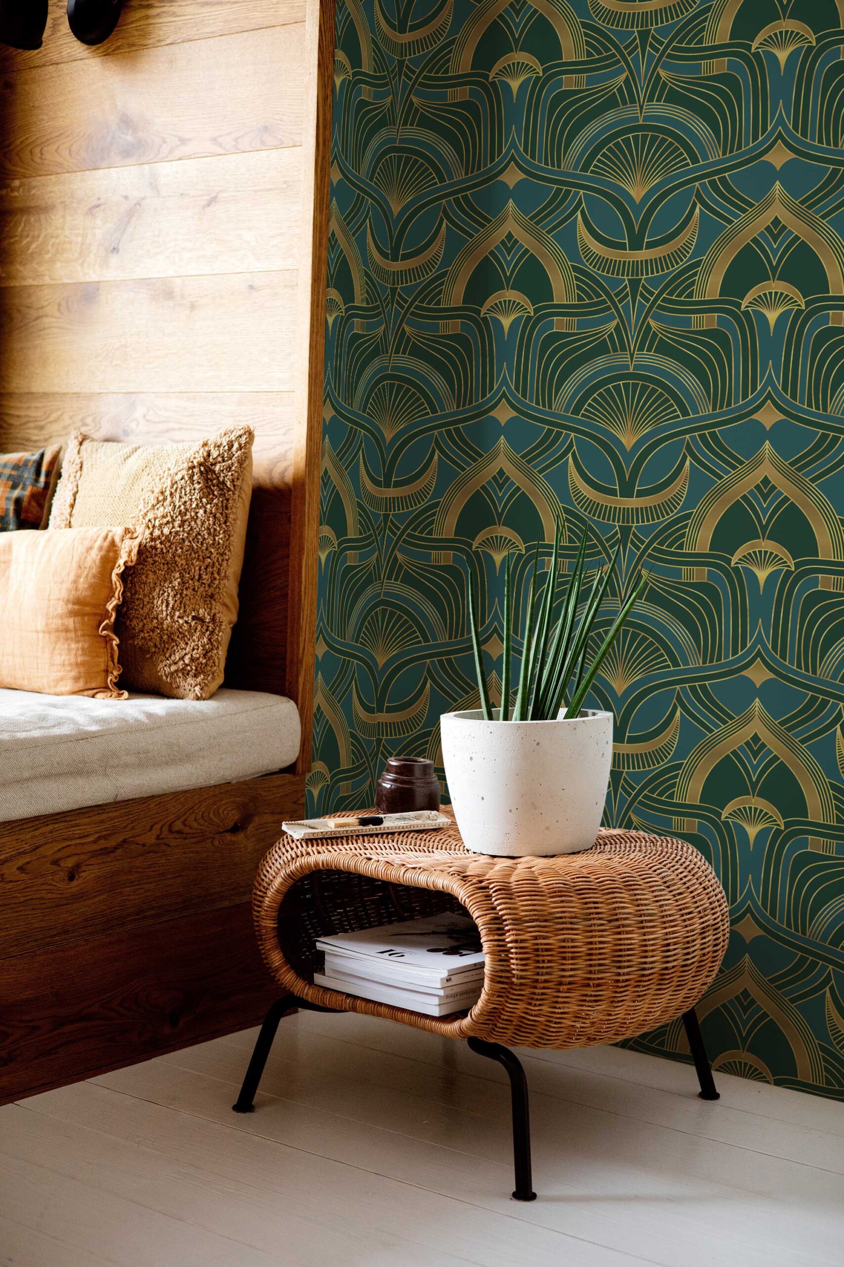 Rich green geometric wallpaper in a warm interior