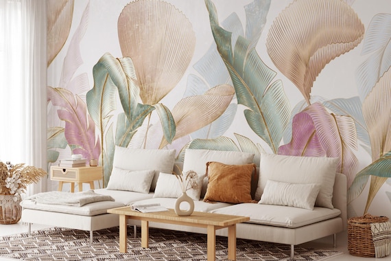 Elegant tropical wallpaper feature wall in a bright living room
