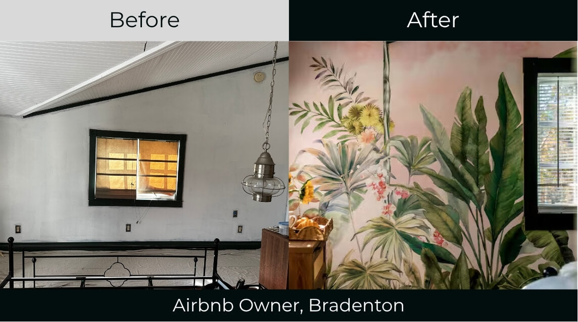 Wallpaper installation process showing a finished interior transition